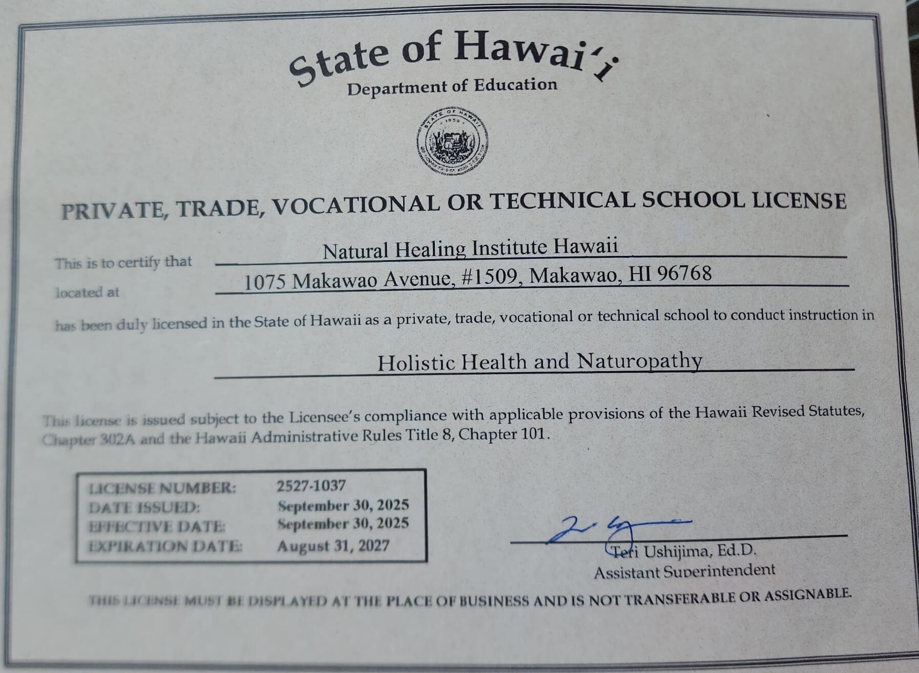 Hawaii License NHI Hawaii License NHI in Holistic Health and Naturopathy